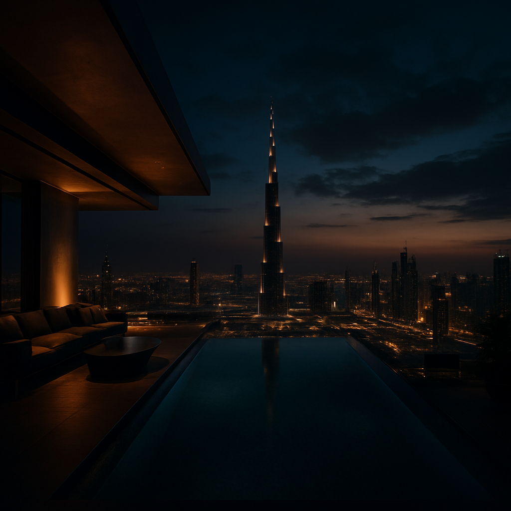 Luxury Dubai penthouse terrace at twilight